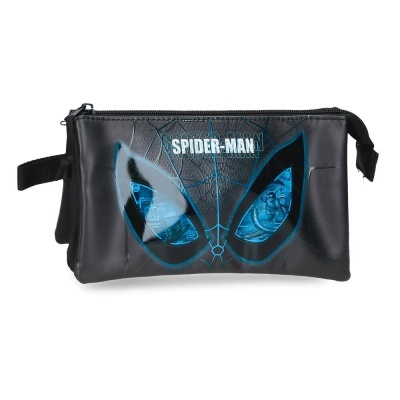 Necessaire preta com design dos olhos do Spider-Man em azul e texto branco