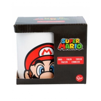 Caneca branca Super Mario numa caixa preta com janela