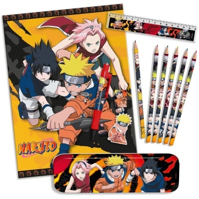 Conjunto escolar Naruto com caderno, régua, lápis, caneta, borracha e estojo coloridos