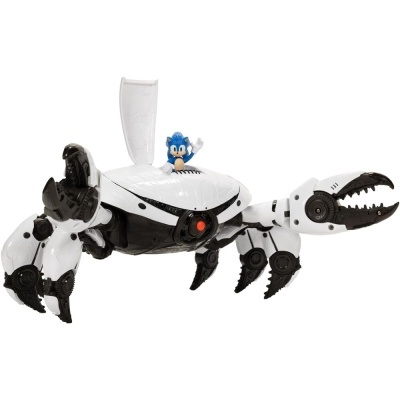 Robô de caranguejo preto e branco com figura azul do Sonic no topo