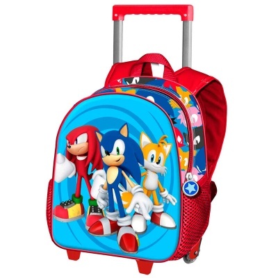 Mochila de rodinhas vermelha com personagens Sonic, Knuckles e Tails em fundo azul.