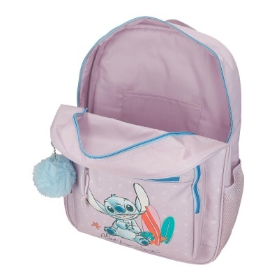 Mochila rosa claro com estampa do Stitch e pompom azul