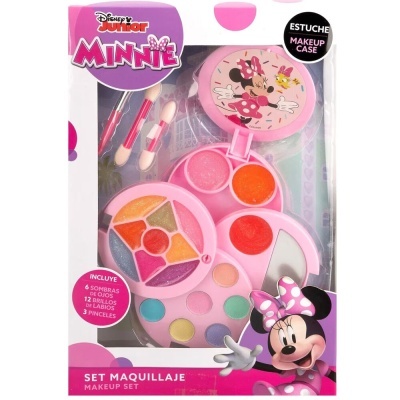Conjunto de maquilhagem infantil Disney Minnie com estuche rosa e vários tons coloridos.