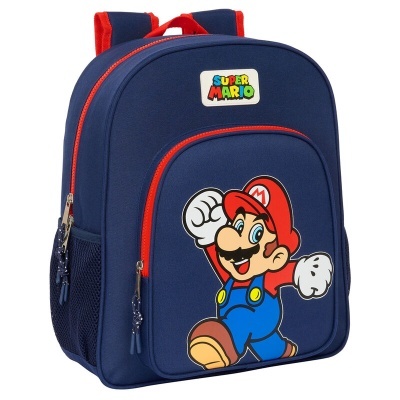 Mochila azul escura com estampa de Super Mario e detalhes vermelhos