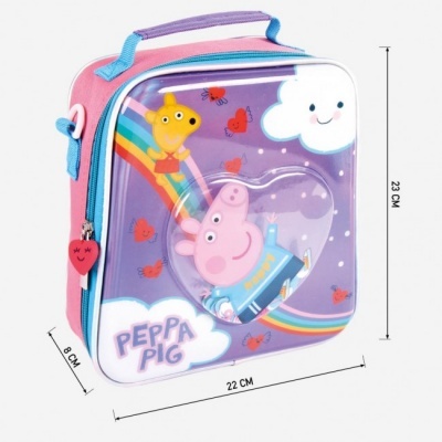 Mala infantil rosa e azul com personagens Peppa Pig e arco-íris