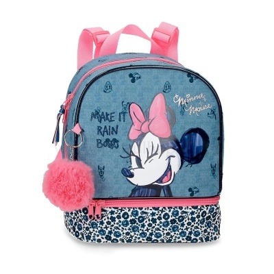 Mochila azul infantil com desenho da Minnie Mouse e detalhes rosa