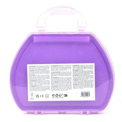 Estojo roxo translúcido de plástico com alça e etiqueta branca com texto