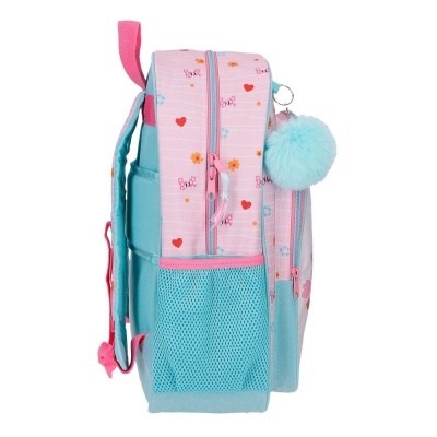 Mochila azul claro e rosa com padrão de corações, flores e borboletas, bolso de rede e pompom azul claro