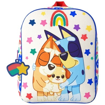 Mochila infantil branca com cães coloridos, estrelas e arco-íris