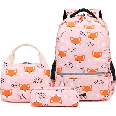 Conjunto de mochila, bolsa e estojo cor-de-rosa com padrão de raposas laranja
