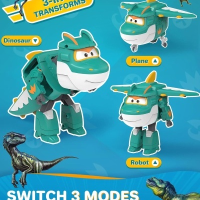 Brinquedo transformável 3-em-1 dinossauro, avião e robô em verde e branco com texto em inglês