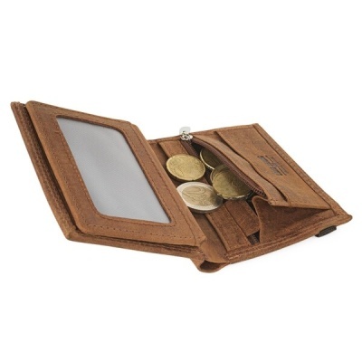 Carteira castanha em pele aberta com moedas e compartimentos