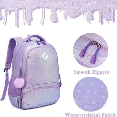 Mochila lilás glitter com pompom e múltiplos bolsos