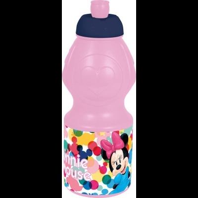 Garrafa plástica rosa com tampa azul, decorada com Minnie Mouse e pontos coloridos
