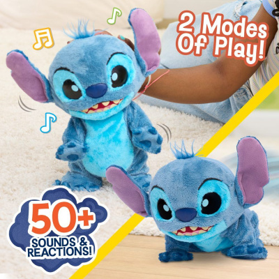 Pelúcia Stitch azul com orelhas roxas e expressões animadas