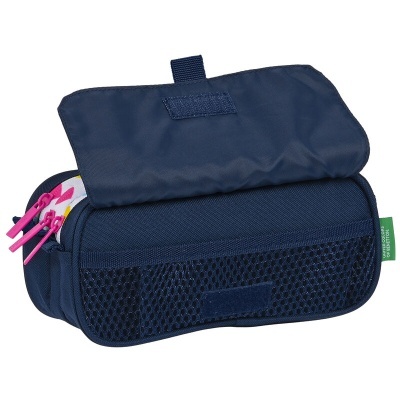 Estojo escolar azul escuro com fechos de correr rosa e aba com velcro