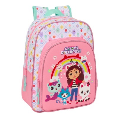 Mochila infantil rosa de Gabbys Dollhouse com personagens e padrão colorido