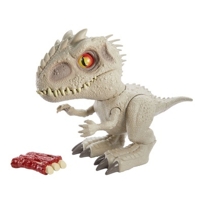 Miniatura de dinossauro cinzento com acessório vermelho em fundo branco