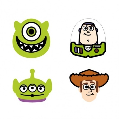 Quatro ícones coloridos dos personagens Mike, Buzz, Alien e Woody de Toy Story