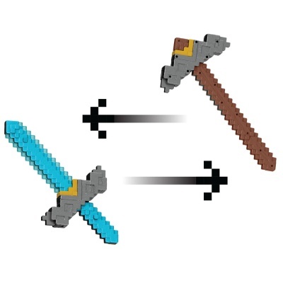 Brinquedos de espada e machado em estilo pixel art, isolados em fundo branco