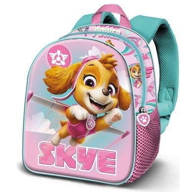 Mochila infantil azul e rosa com personagem Skye e texto SKYE