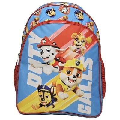 Mochila infantil azul com personagens da Patrulha Pata e texto PATA CALLS