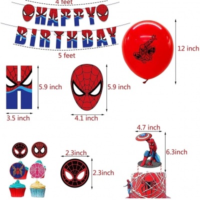Decoração de festa do Homem-Aranha com balões, letras HAPPY BIRTHDAY e figuras para bolo e cupcakes.