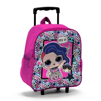 Mochila de rodas cor-de-rosa com personagem animada na frente