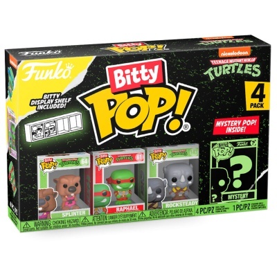 Caixa de 4 figuras Funko Bitty Pop! Teenage Mutant Ninja Turtles com figuras Splinter, Raphael, Rocksteady e figura misteriosa