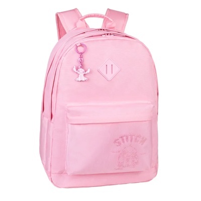 Mochila rosa clara com bolso frontal e pendente Stitch