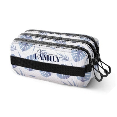 Estojo escolar com três compartimentos e padrão de folhas azuis