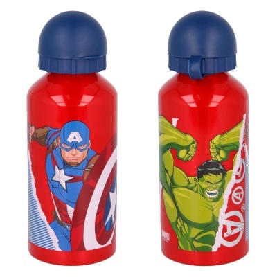 Garrafa vermelha de alumínio com decoração dos Avengers, incluindo Capitão América e Hulk.