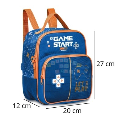 Mochila infantil azul com detalhes laranja e desenhos de videojogos