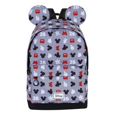 Mochila cinzenta com padrão de Mickey Mouse e orelhas salientes