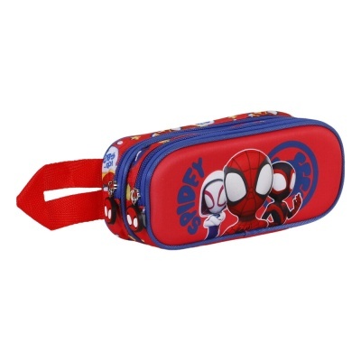 Estojo escolar redondo Spider-Man vermelho e azul com personagens em desenho animado