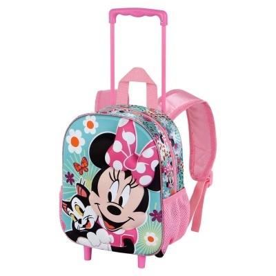 Mochila infantil de rodas rosa com estampa da Minnie e flores