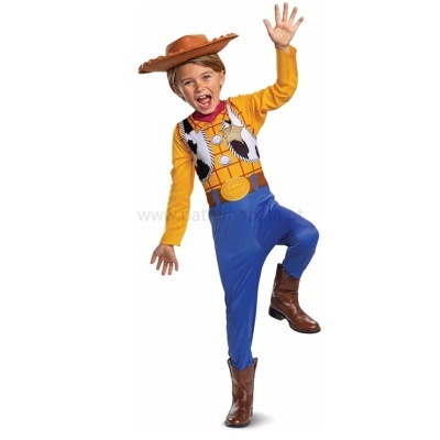 Fato de cowboy infantil com camisa amarela, calças azuis, chapéu e botas castanhas