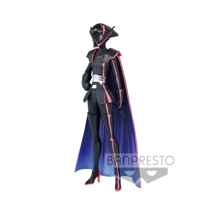 Figura de ação com figurino preto e rosa, capa azul
