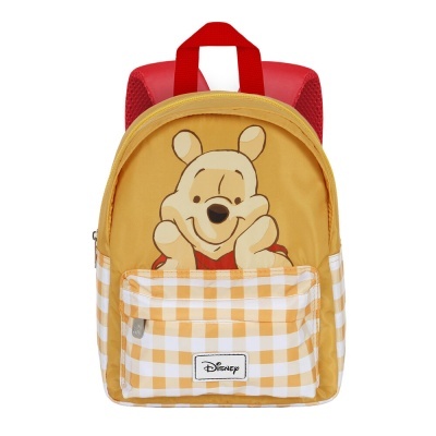 Mochila infantil amarela e vermelha com imagem do Urso Pooh e bolso xadrez
