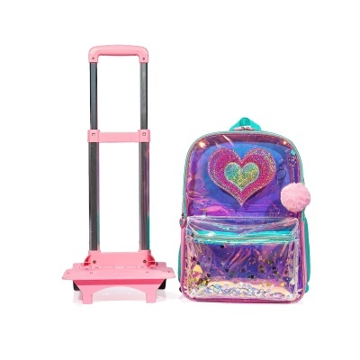 Mochila holográfica infantil com chaveiro de pompom e carrinho de mão rosa