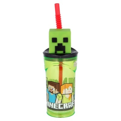 Copo de plástico verde com personagens Minecraft e canudo vermelho