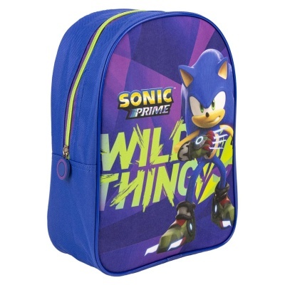 Mochila azul infantil com imagem do Sonic e texto SONIC PRIME WILD THINGS