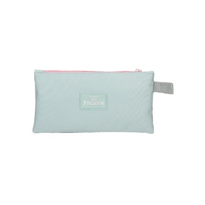 Estojo azul claro com fecho rosa e etiqueta Frozen