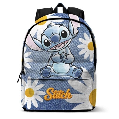 Mochila azul com estampa do personagem Stitch e margaridas brancas e amarelas.