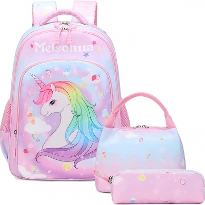 Conjunto rosa de mochila, bolsa e estojo com estampa colorida de unicórnio e texto Weisonua