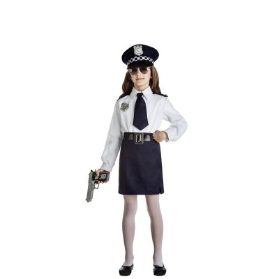 Fato de polícia infantil com camisa branca, saia e boina preta e réplica de arma de brinquedo