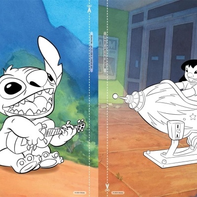 Desenho de Stitch tocando ukulele à esquerda e Lilo com cães num carrossel à direita