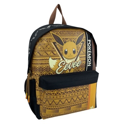 Mochila Pokémon Eevee com padrão geométrico castanho e amarelo