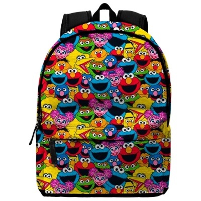 Mochila colorida com padrão de personagens do Sesame Street