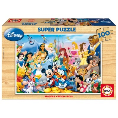 Caixa de puzzle de madeira Disney com 100 peças e personagens coloridos